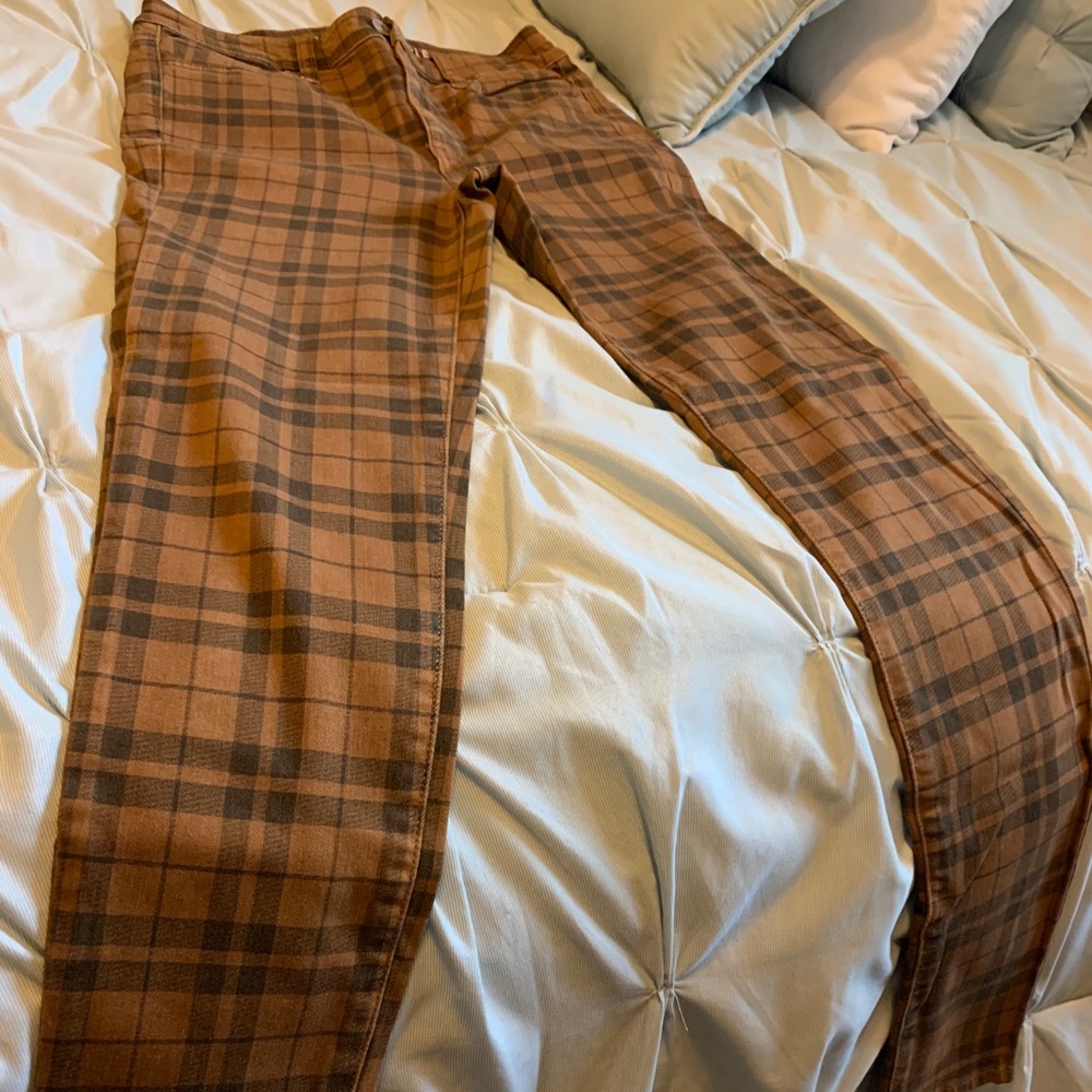 orange and black plaid american eagle jeans